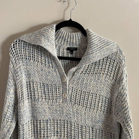 Talbots Sz MP Blue Spray Tape Preppy Coastal Open Stitch Sailor Collar Sweater - Picture 5 of 10